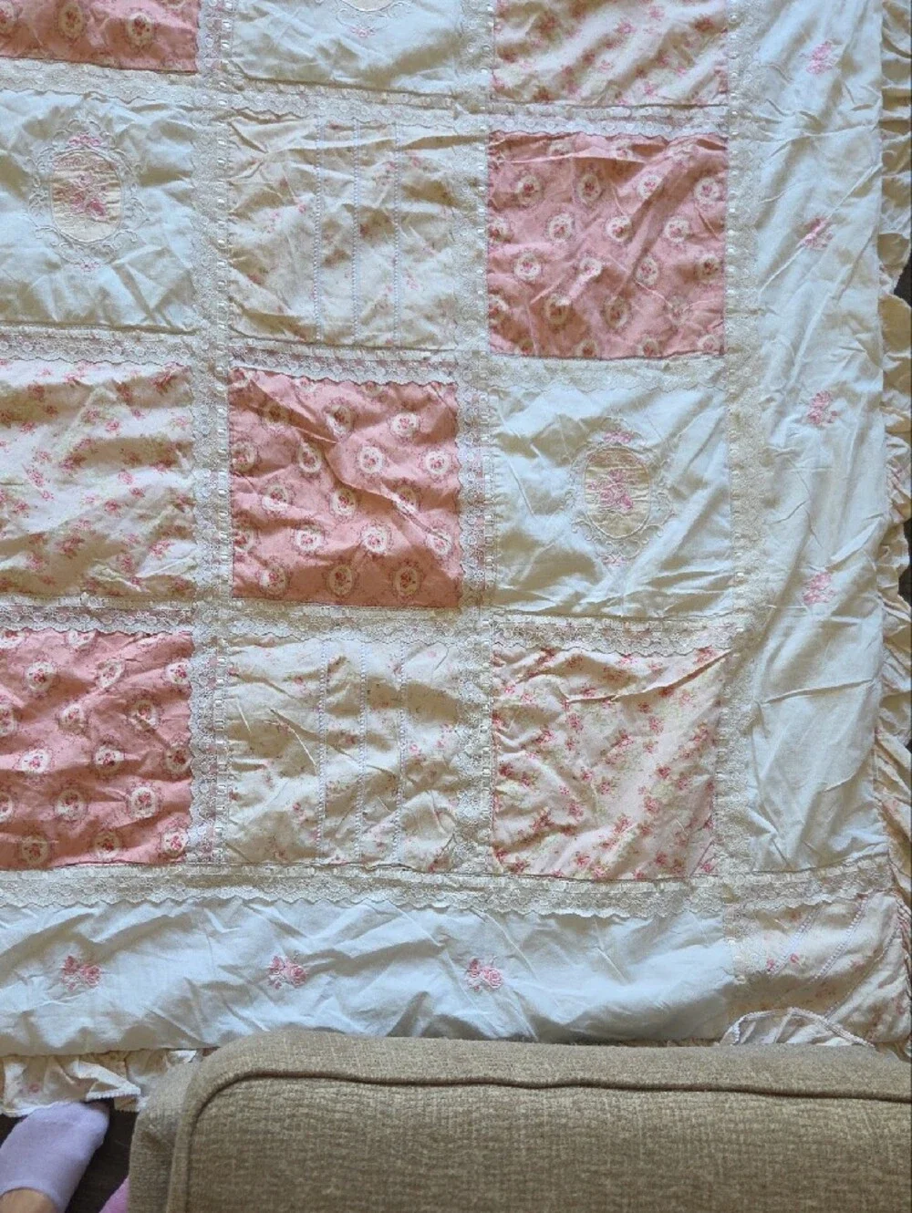 Vintage Classic Patchwork Pink and Cream Quilt Duvet Cover 86 × 78